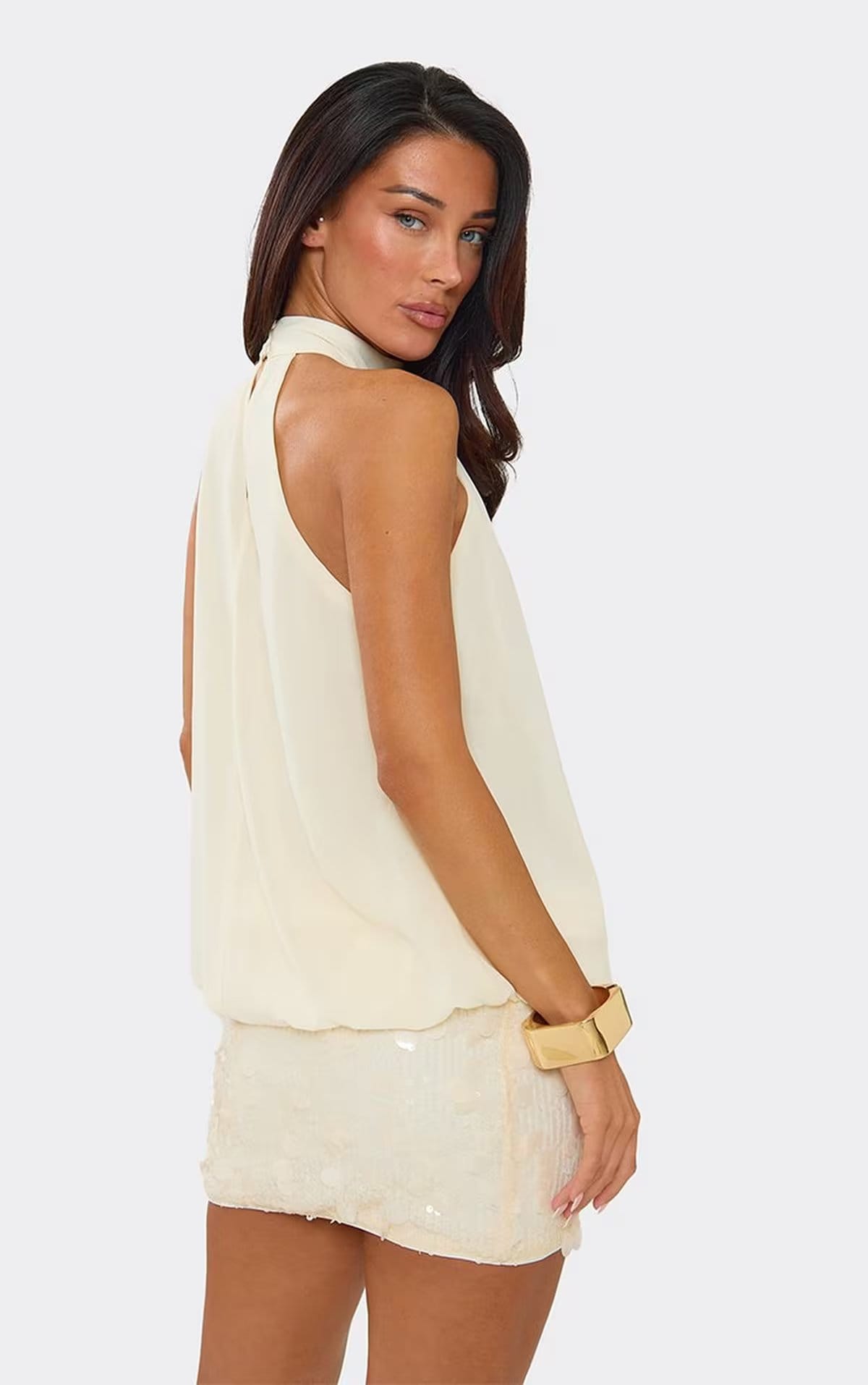 EGO High Neck Blouson Sequin Detail Dress In Cream., Women's Size UK 8 - 1