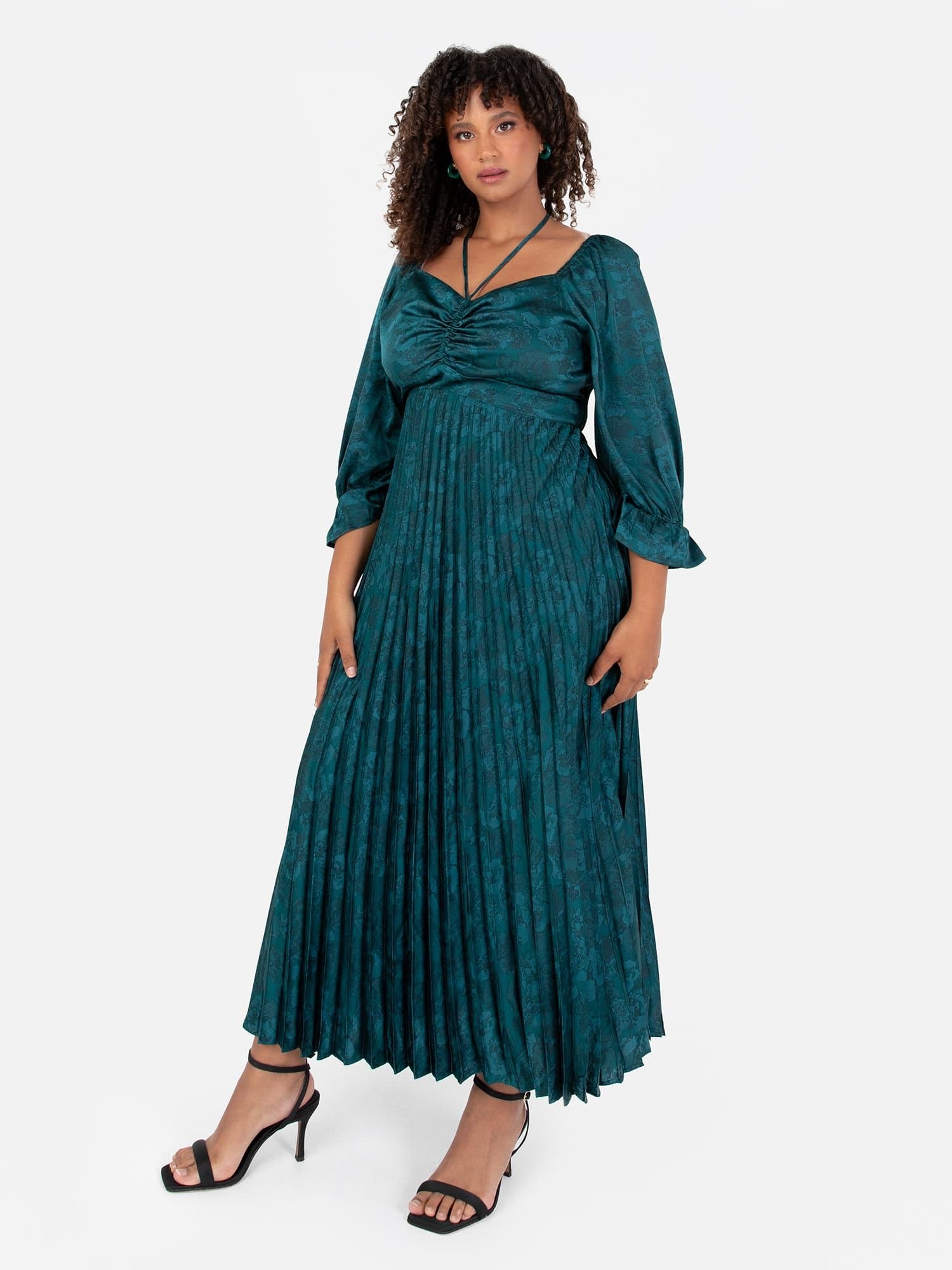 Lovedrobe Lovedrobe Women's Tie-Neck Pleated Satin Midaxi Dress in Green