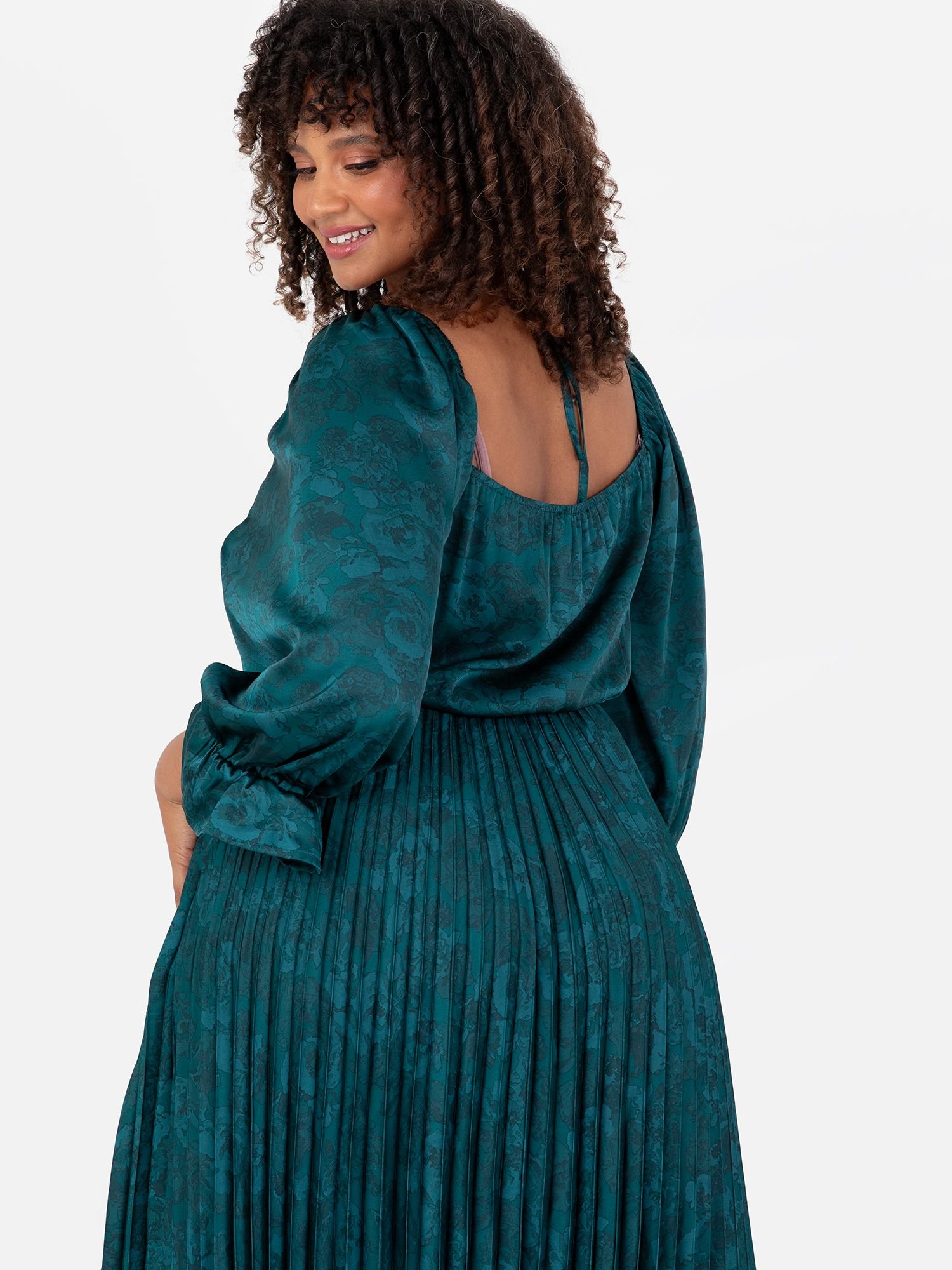 Lovedrobe Lovedrobe Women's Tie-Neck Pleated Satin Midaxi Dress in Green - 4