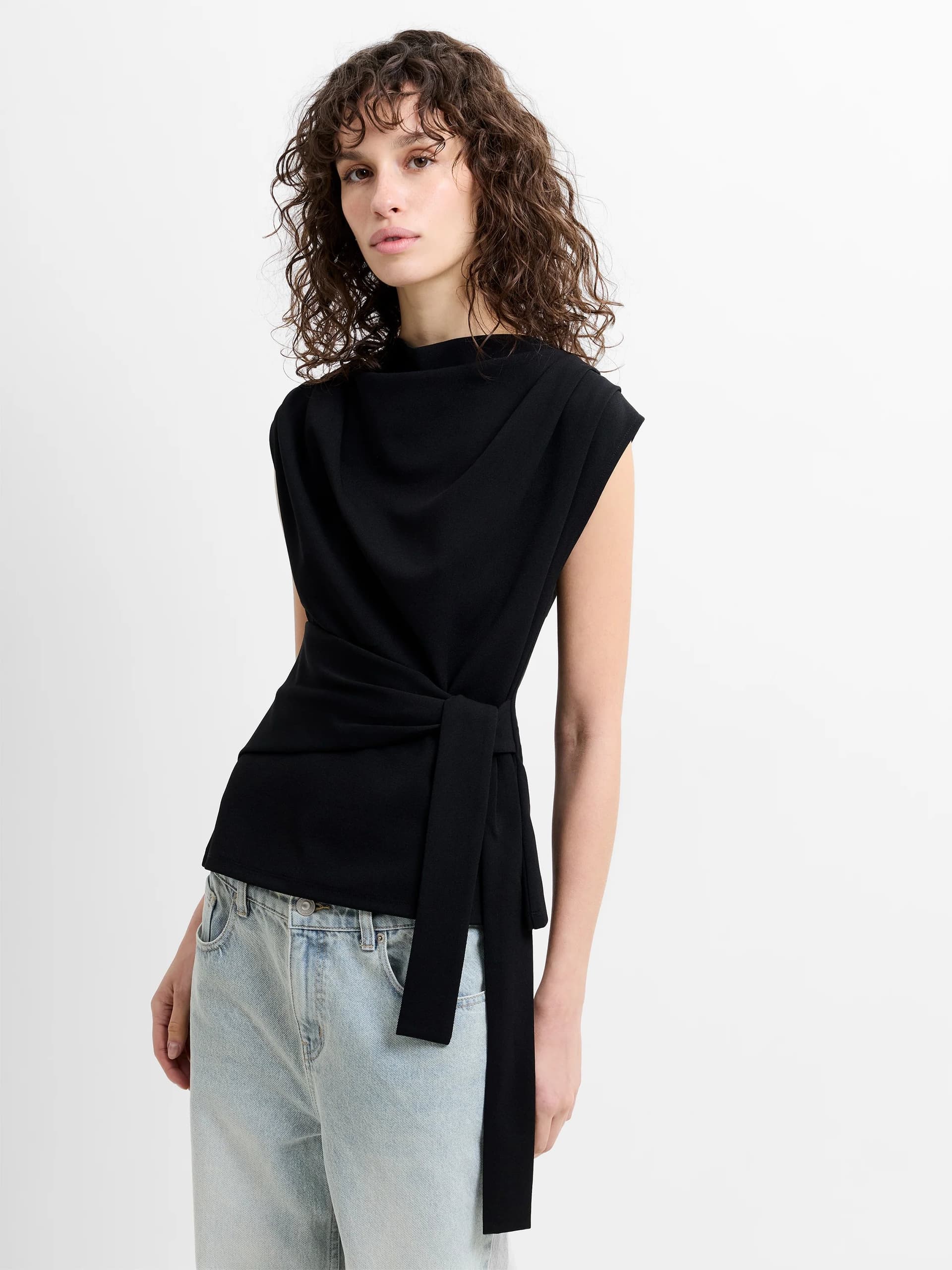 French Connection Zion Jersey Belted Shift Top Black