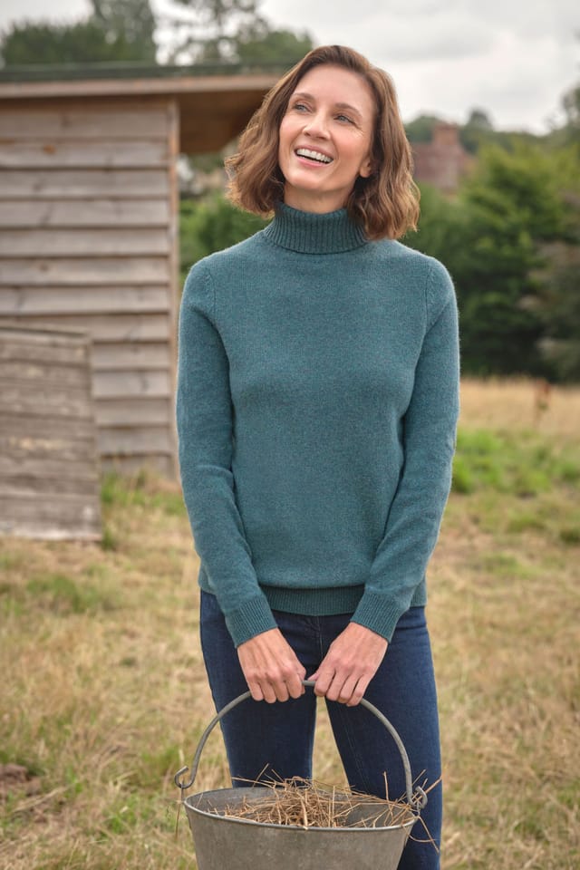 WoolOvers WoolOvers Women's 100% Wool Polo Neck Jumper in Teal - 2