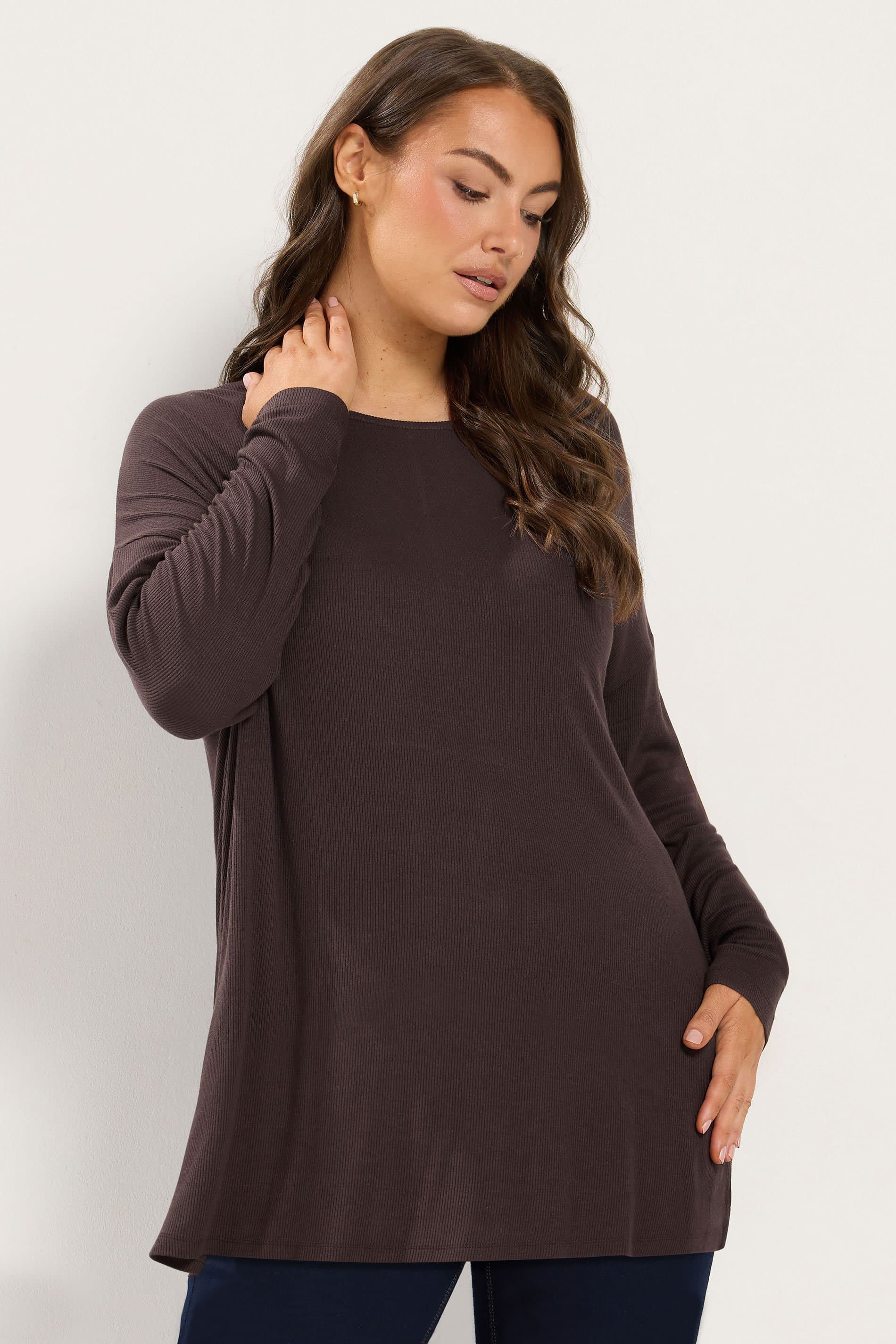 Yours Plus Size Natural Brown Ribbed Drop Shoulder Top