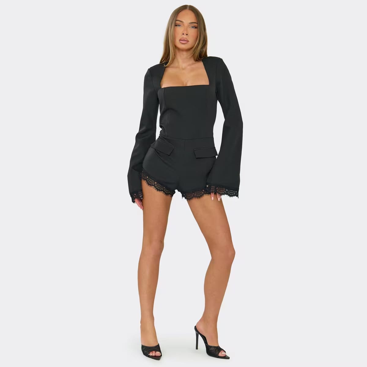 EGO Long Sleeve Square Neck Lace Trim Playsuit In Black, Women's Size UK 6 - 1