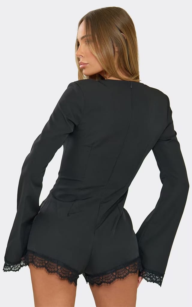 EGO Long Sleeve Square Neck Lace Trim Playsuit In Black, Women's Size UK 6 - 2