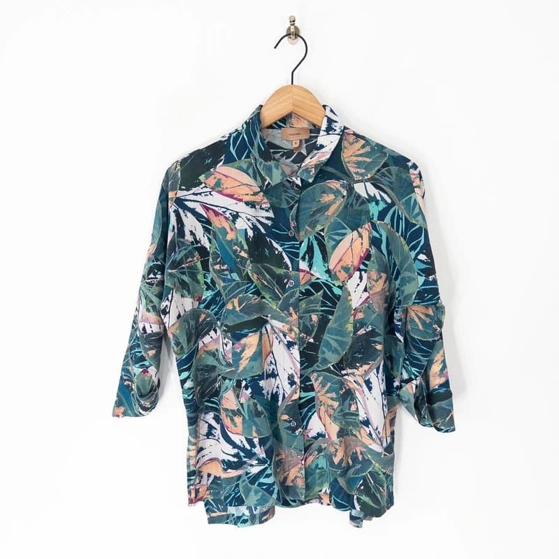 Kachel Kachel Anthropologie Pure Silk Shirt Size 10 Tropical Palm Floral Button Up