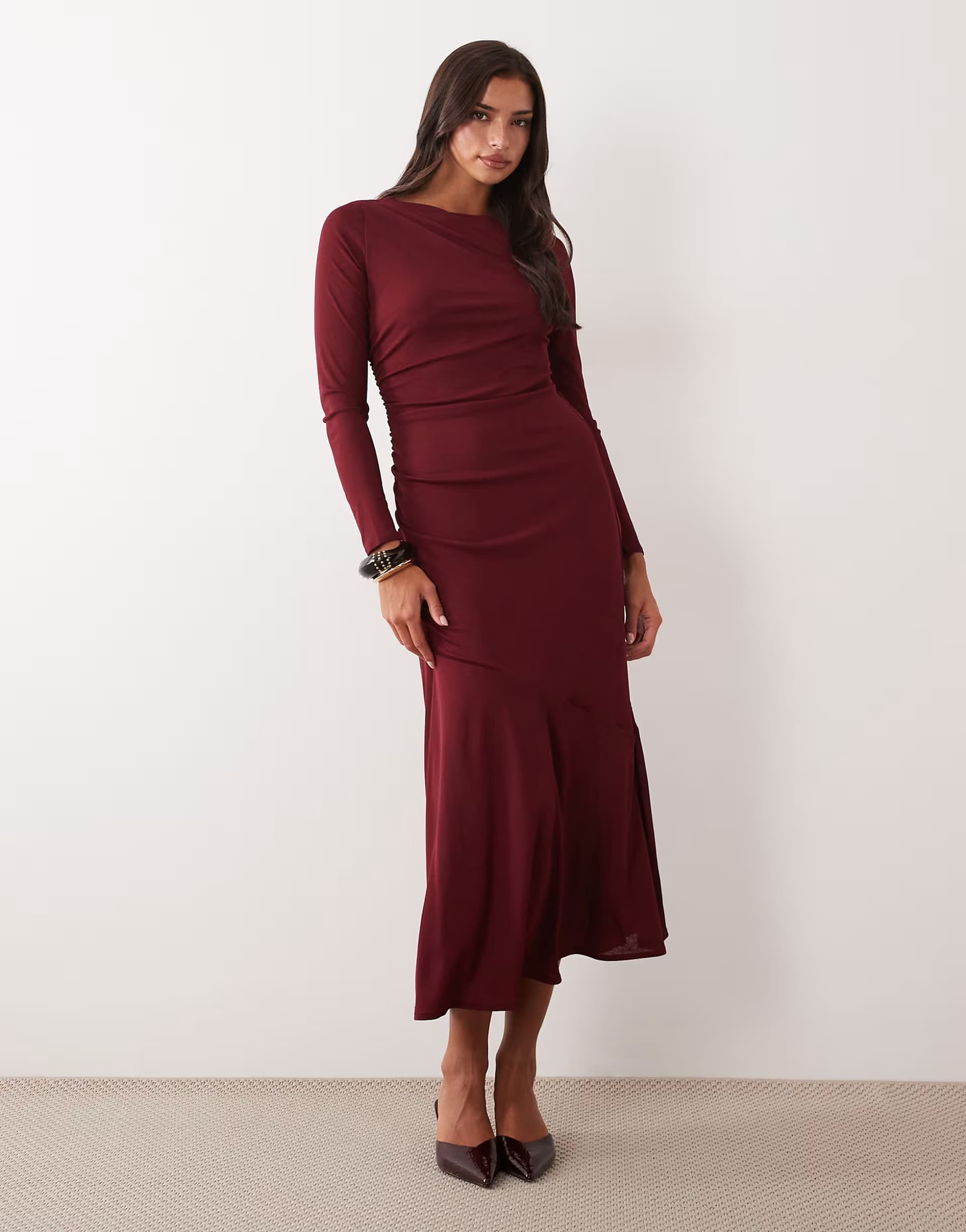 ASOS Nobody's Child Tallulah boat neck chiffon hem midi dress in burgundy