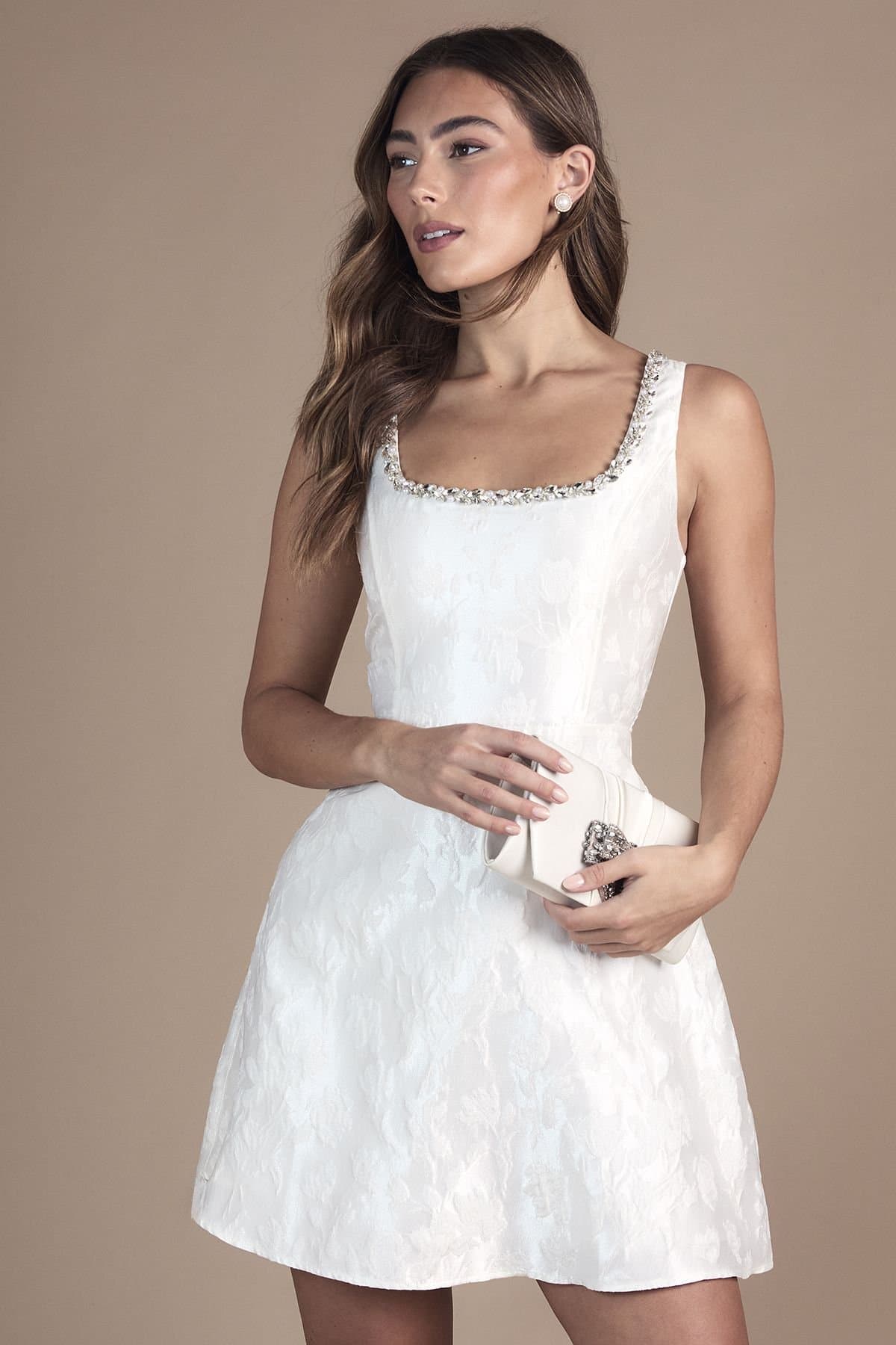 Coast Coast Women's Jacquard Mini Dress With Jewel Trim in Ivory