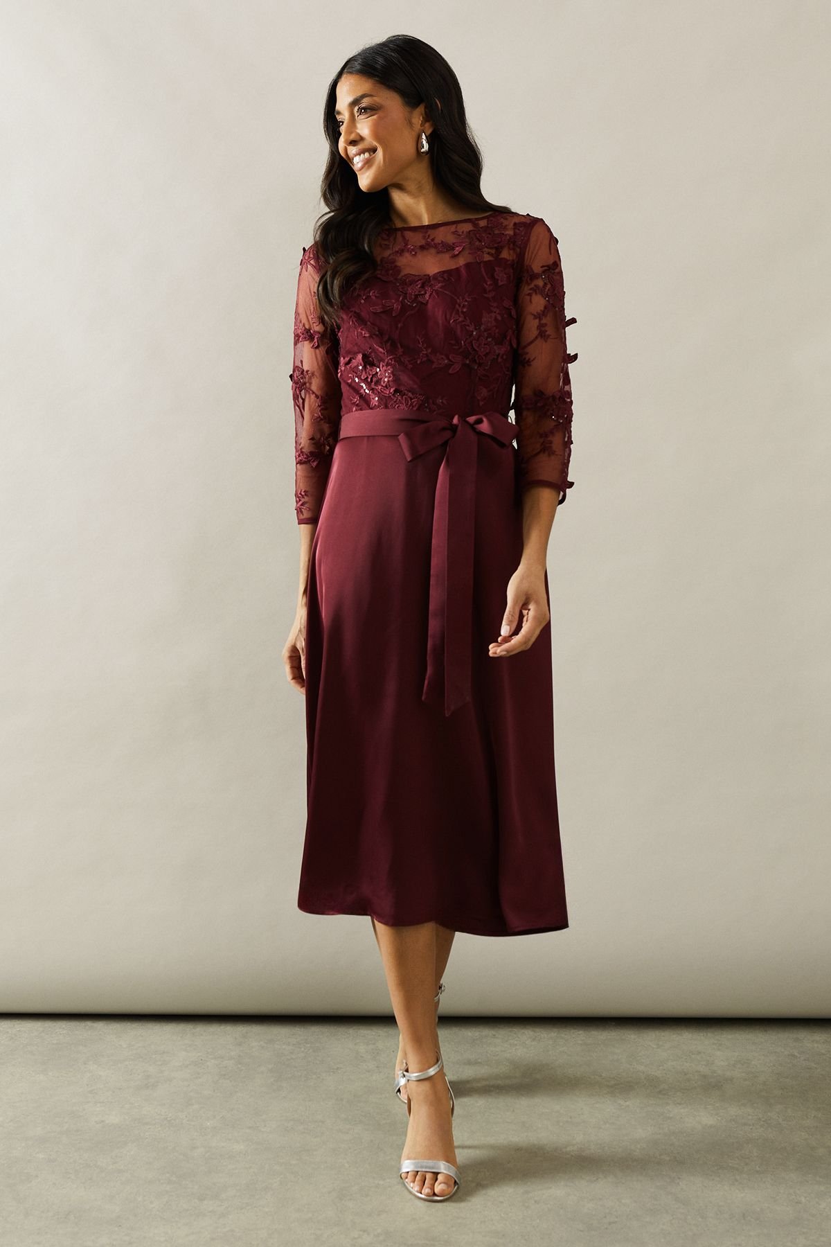 Wallis Wallis Women's Occasion Satin & Mesh Overlay Fit & Flare Dress in Wine - 2