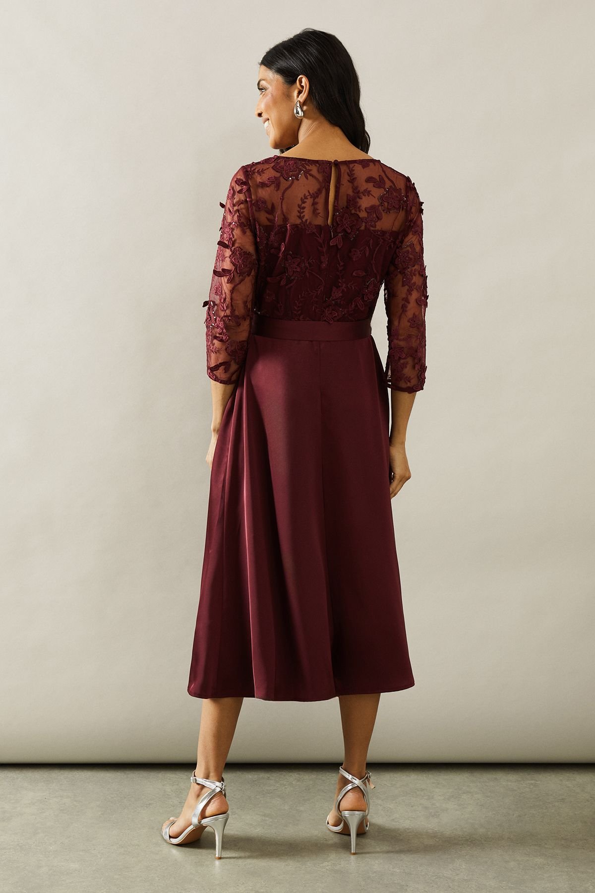 Wallis Wallis Women's Occasion Satin & Mesh Overlay Fit & Flare Dress in Wine - 3