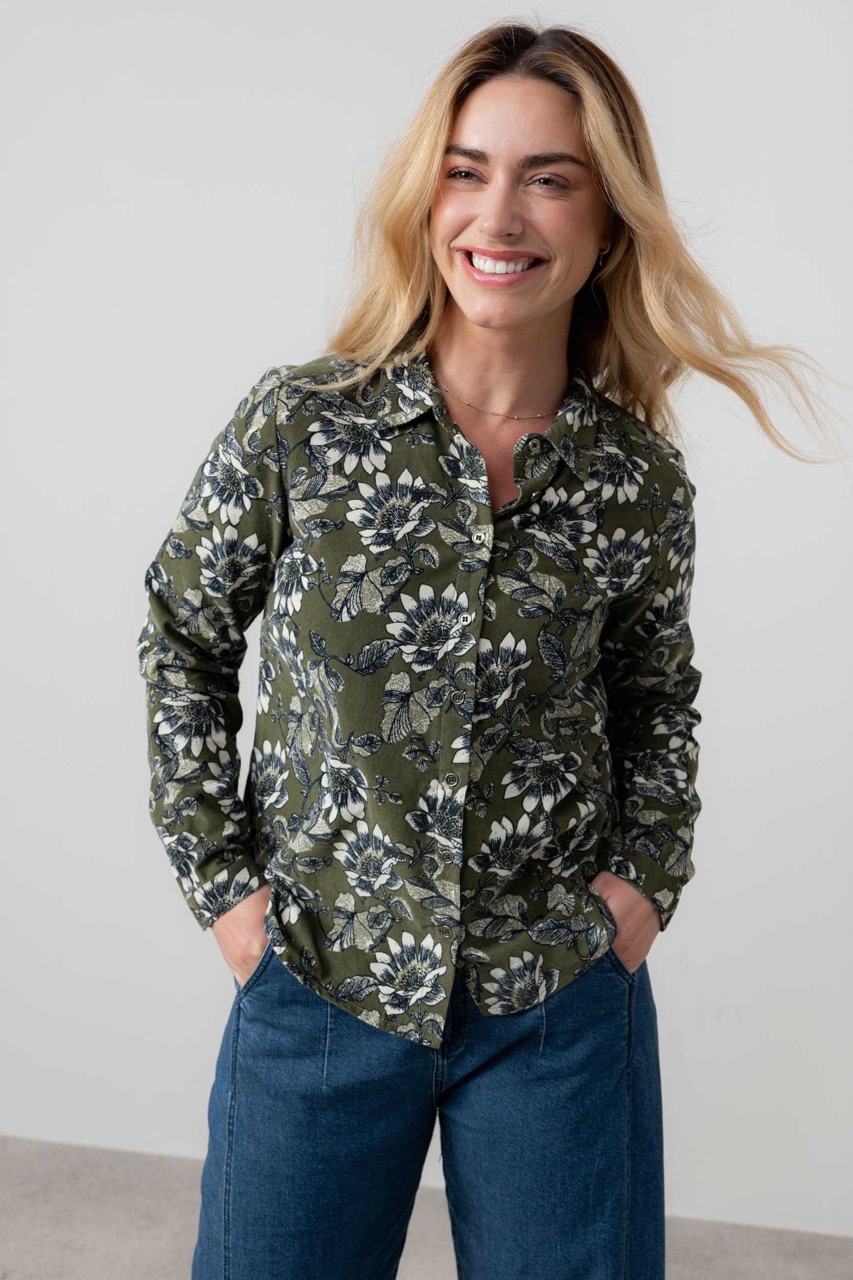 Lily & Me Lily & Me Women's Patsy Floral Print Cotton Pincord Shirt with Full length sleeves in Green - 2