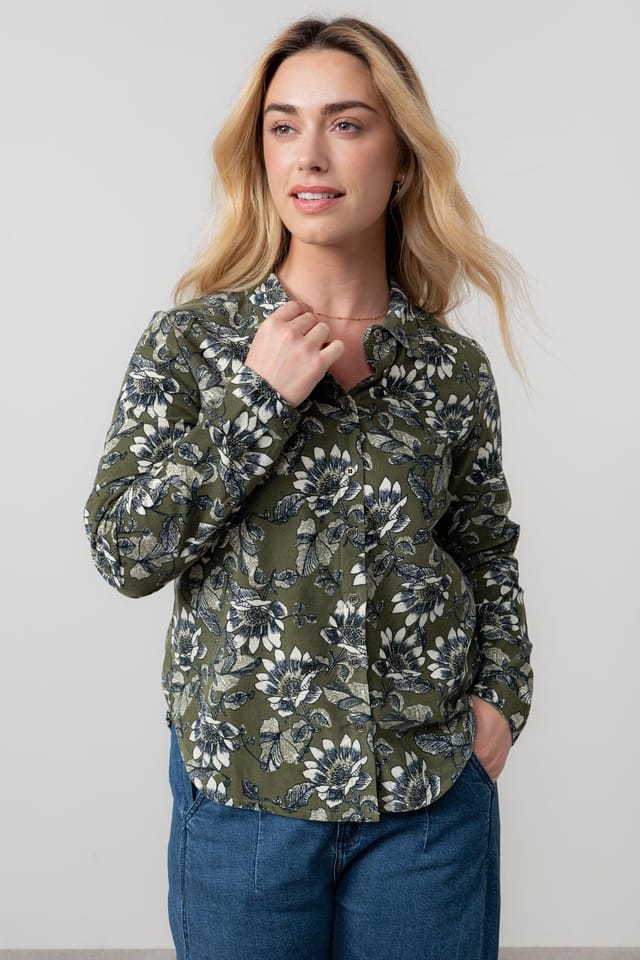 Lily & Me Lily & Me Women's Patsy Floral Print Cotton Pincord Shirt with Full length sleeves in Green - 2