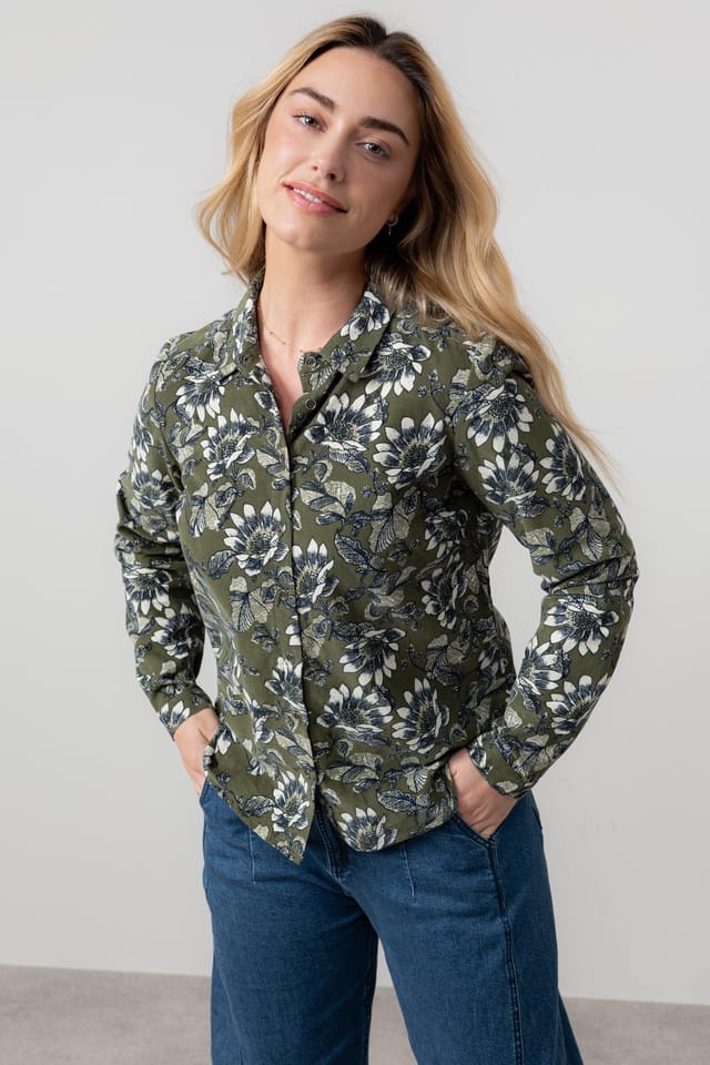 Lily & Me Lily & Me Women's Patsy Floral Print Cotton Pincord Shirt with Full length sleeves in Green - 3