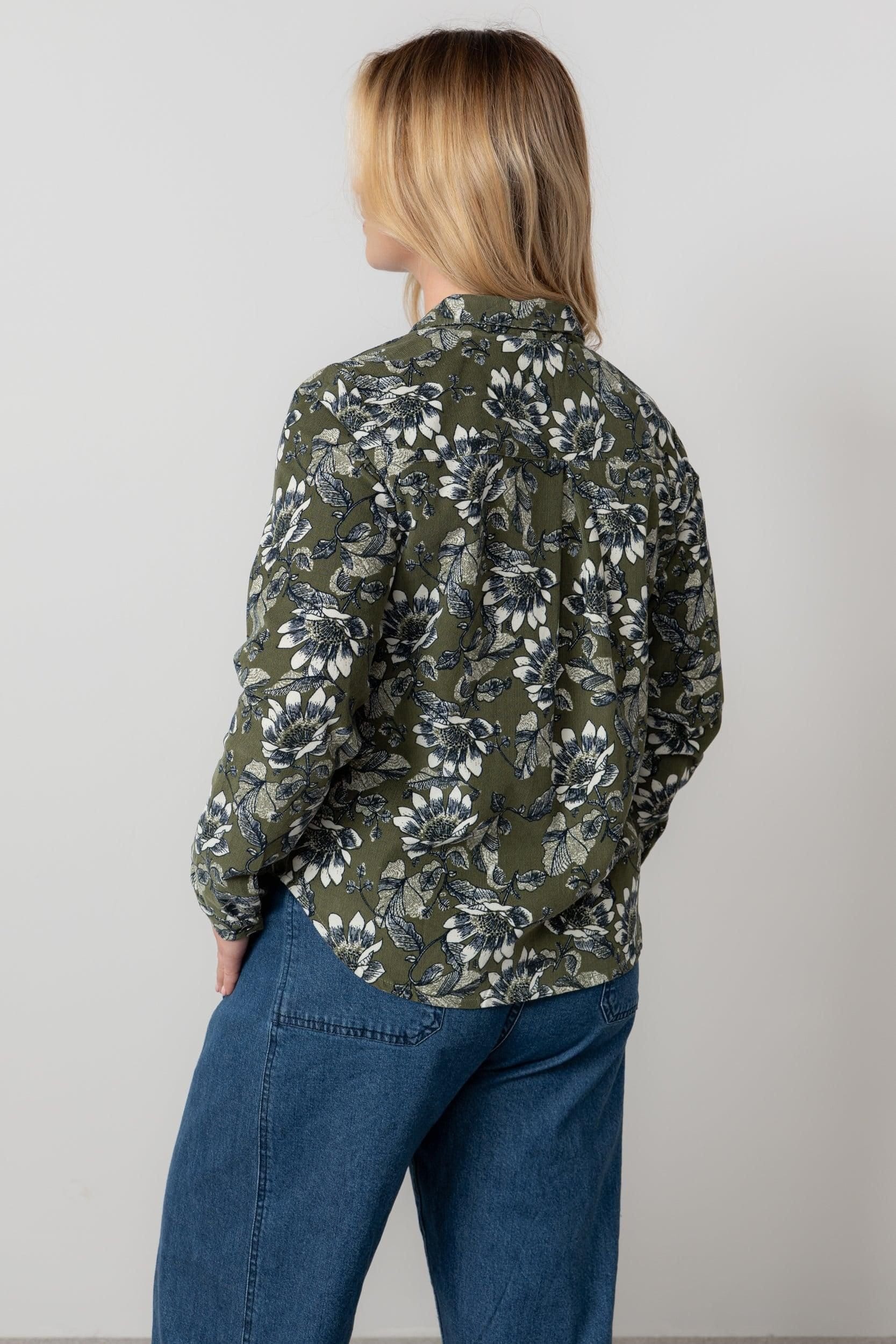 Lily & Me Lily & Me Women's Patsy Floral Print Cotton Pincord Shirt with Full length sleeves in Green - 4