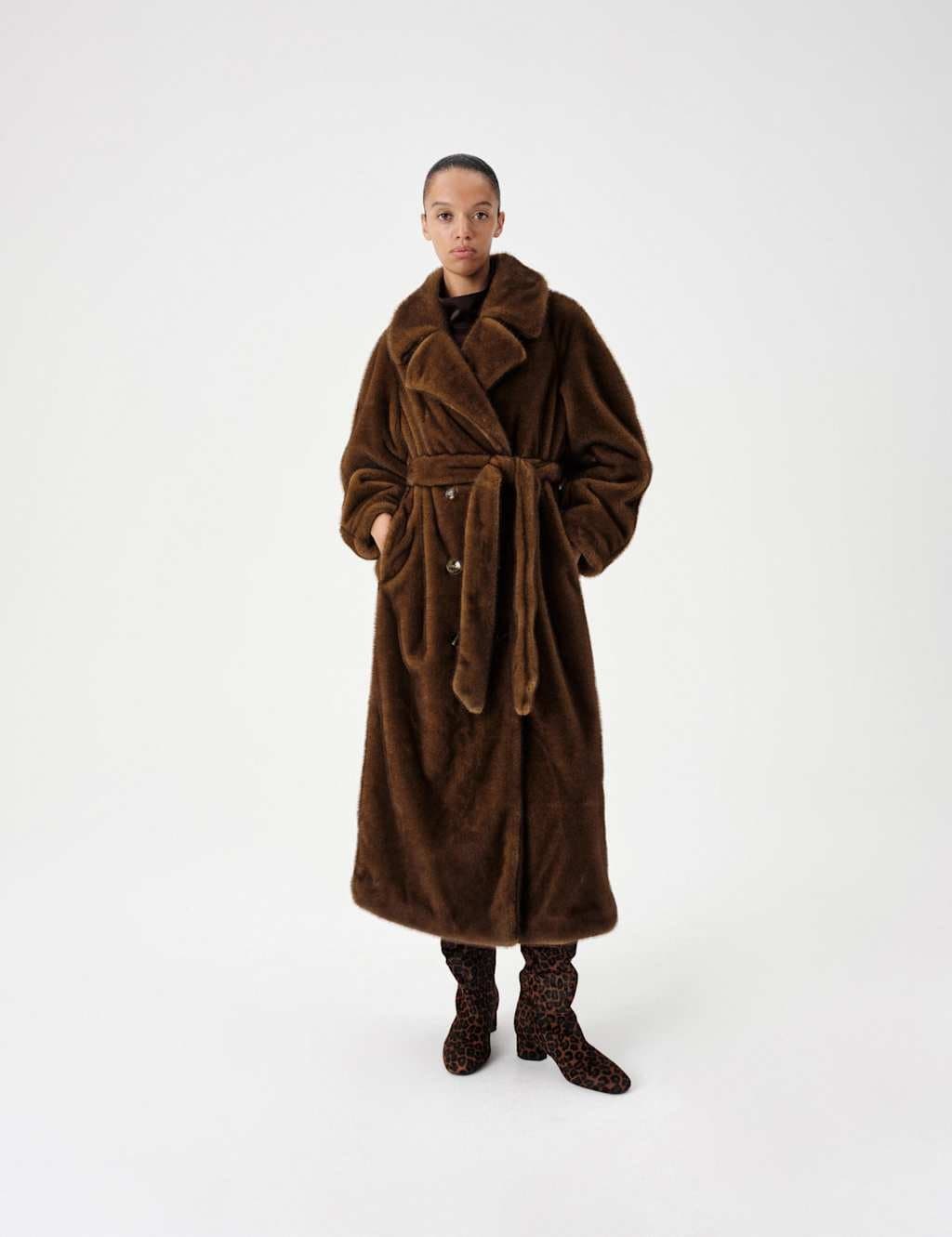 Marks & Spencer M&S Faux Fur Collared Longline Trench Coat Brown