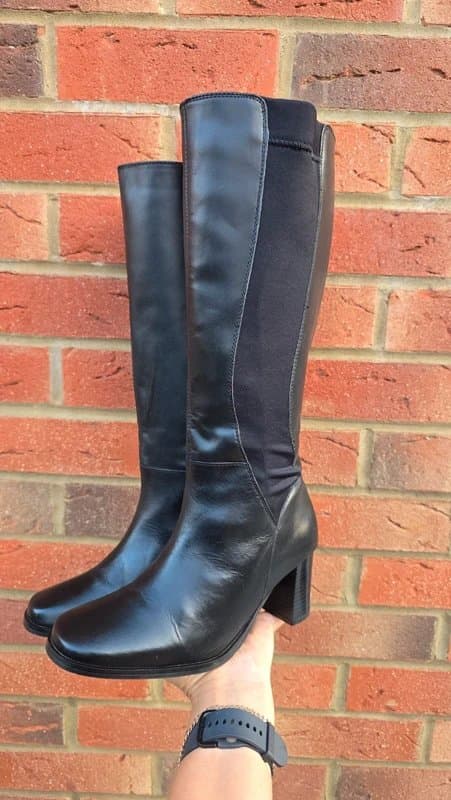 Shoe Box Black Leather Equestrian Riding Boots Stretch Panel Block Heel UK 4