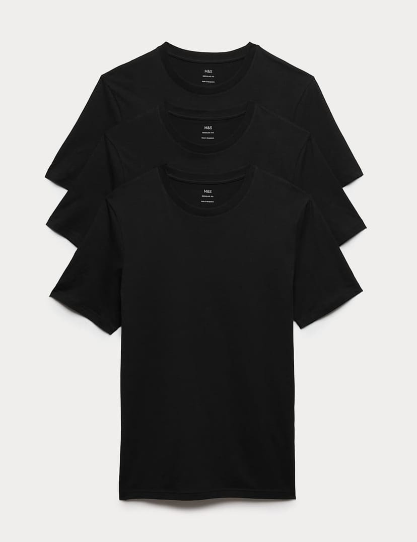 Marks & Spencer M&S 3 Pack Pure Cotton Crew Neck T-Shirts Black - 1