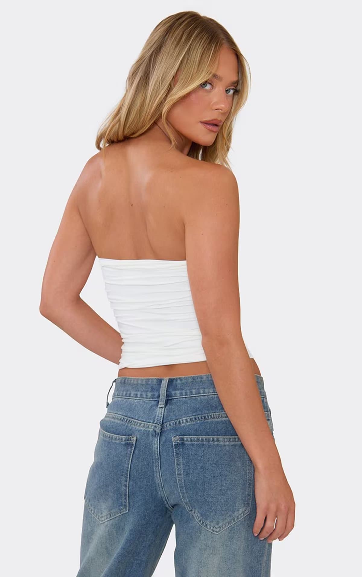 EGO Bandeau V Cut Trim Ruched Top In White, Women's Size UK M