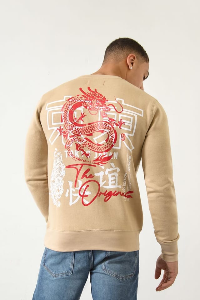 LONDON ATTITUDE LONDON ATTITUDE Men's Tokyo Dragon Crewneck Regular Fit Sweatshirt in Sand in Beige - 2