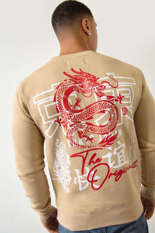 LONDON ATTITUDE LONDON ATTITUDE Men's Tokyo Dragon Crewneck Regular Fit Sweatshirt in Sand in Beige - 3