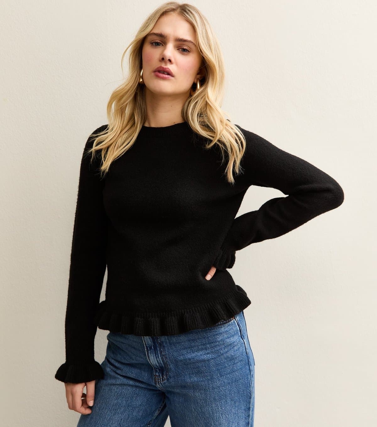 New Look Women's Black Frill Trim Crew Neck Jumper New Look