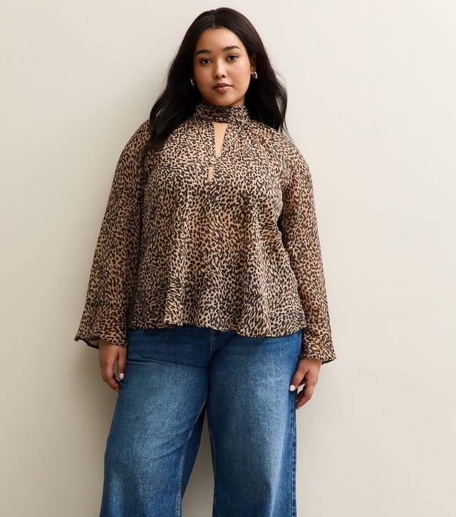 New Look Women's Plus Size Brown Animal Print High Keyhole Neck Blouse Curves New Look - 3