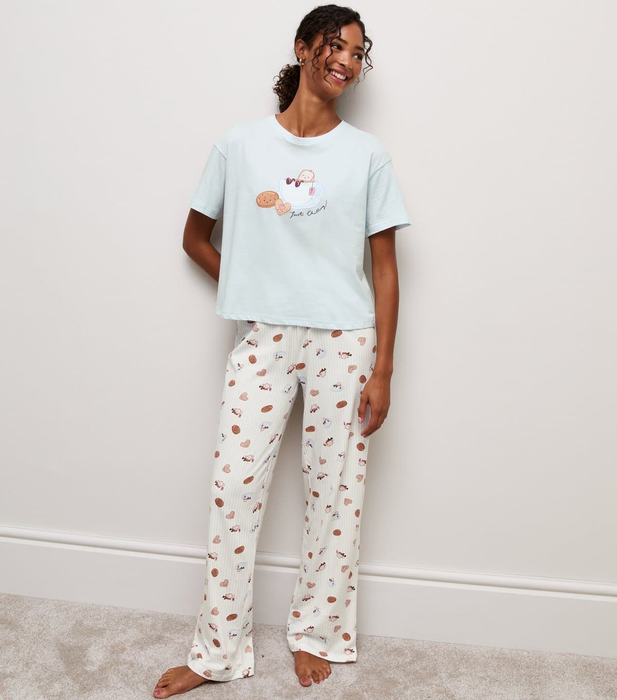 New Look Women's Blue Cotton Tea and Biscuits Print Short Sleeve Pyjama Set New Look