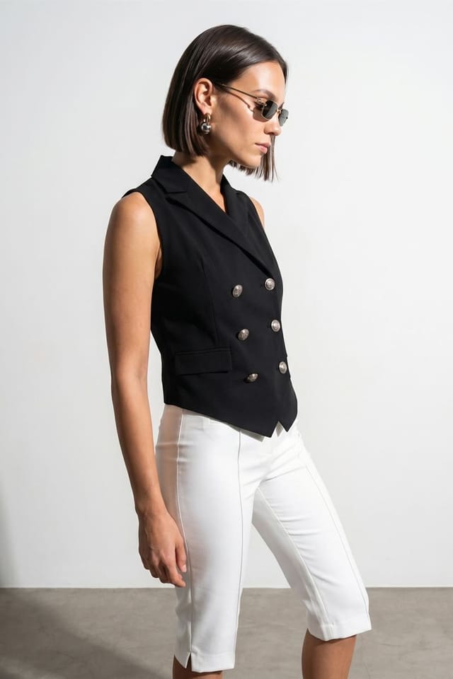 Dilvin Dilvin Women's Shawl-collar Woven Waistcoat in Black - 2