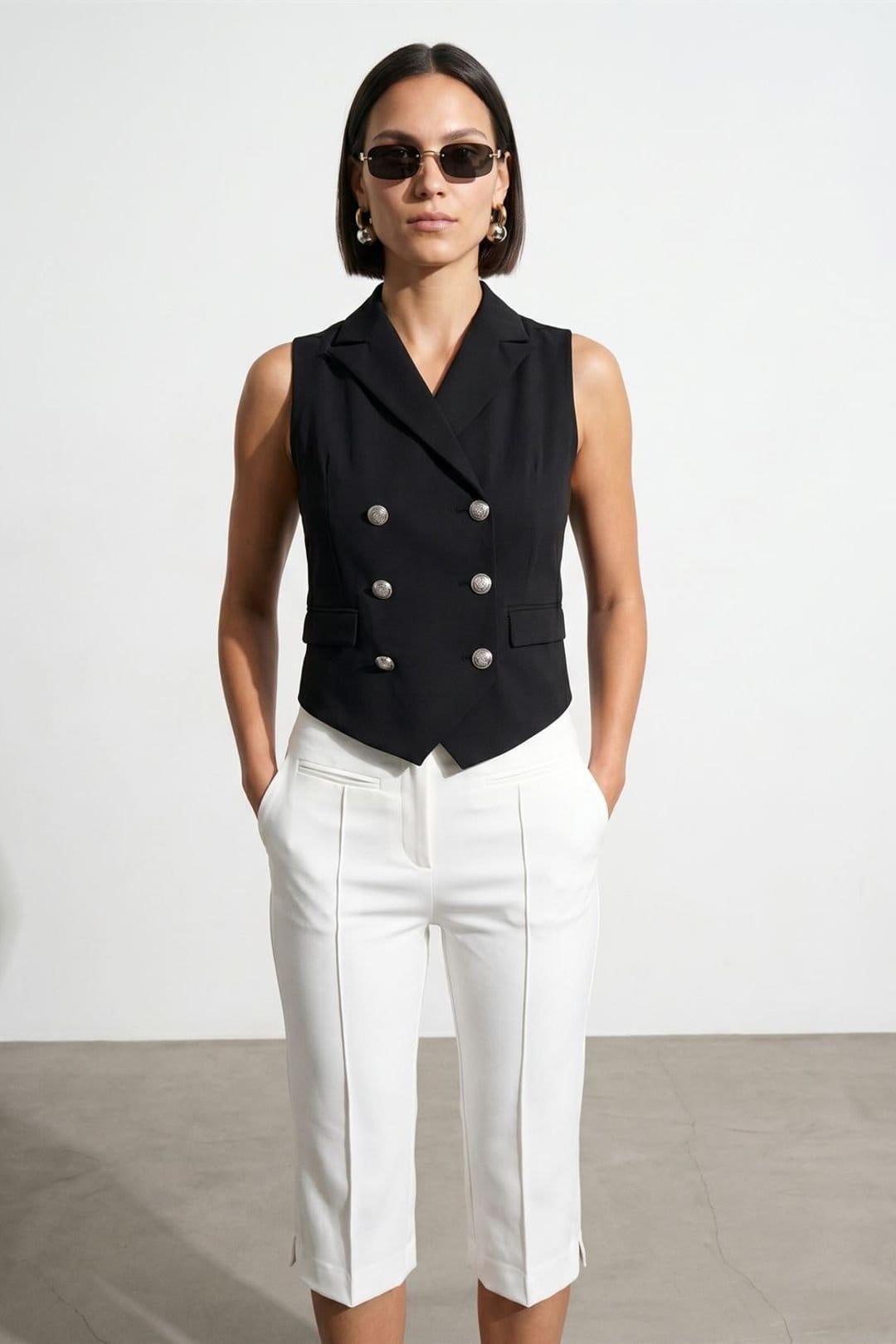 Dilvin Dilvin Women's Shawl-collar Woven Waistcoat in Black - 4