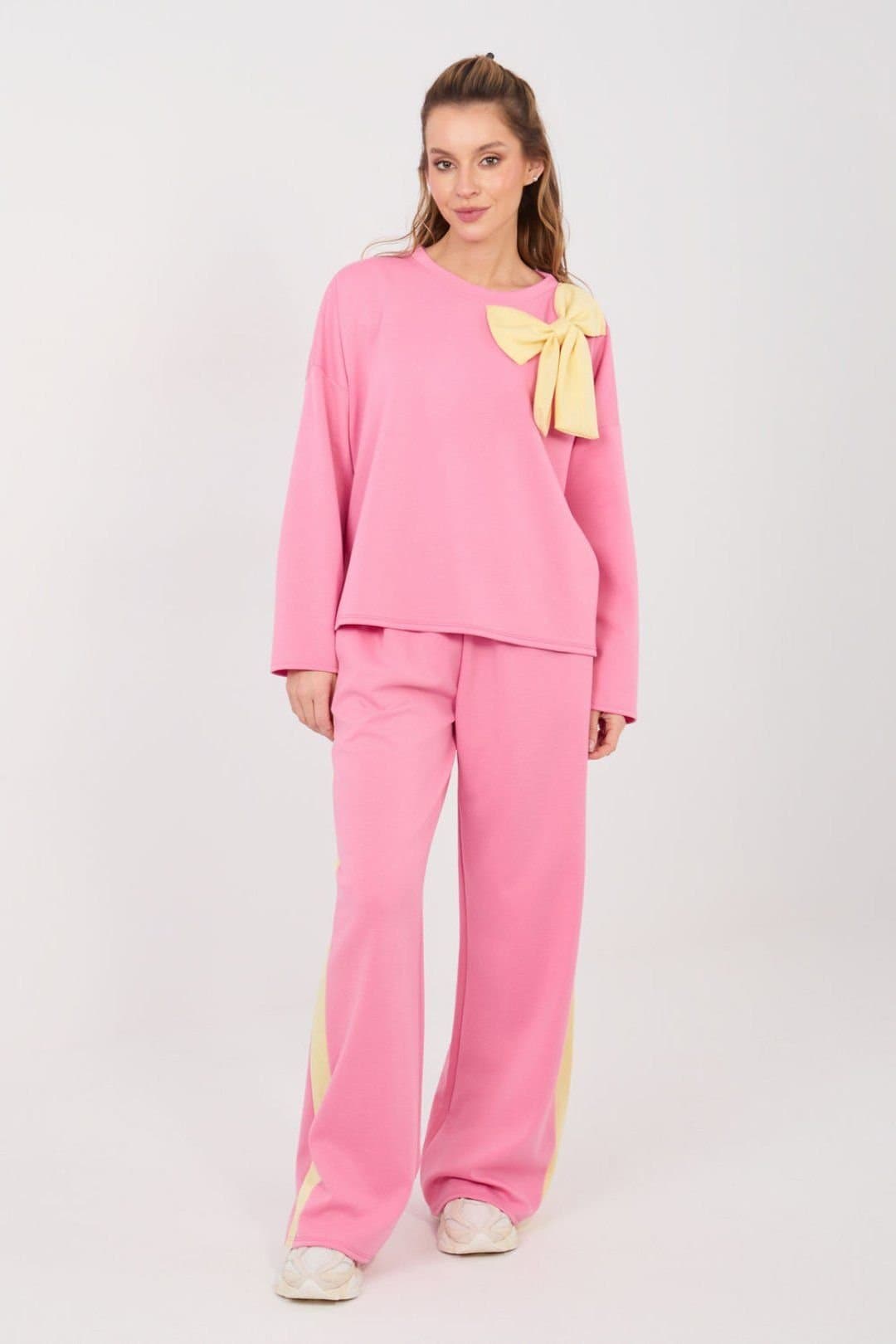 Love Lace Love Lace Women's Paris Bow Detail Casual Wide Leg Tracksuit Set in Pink