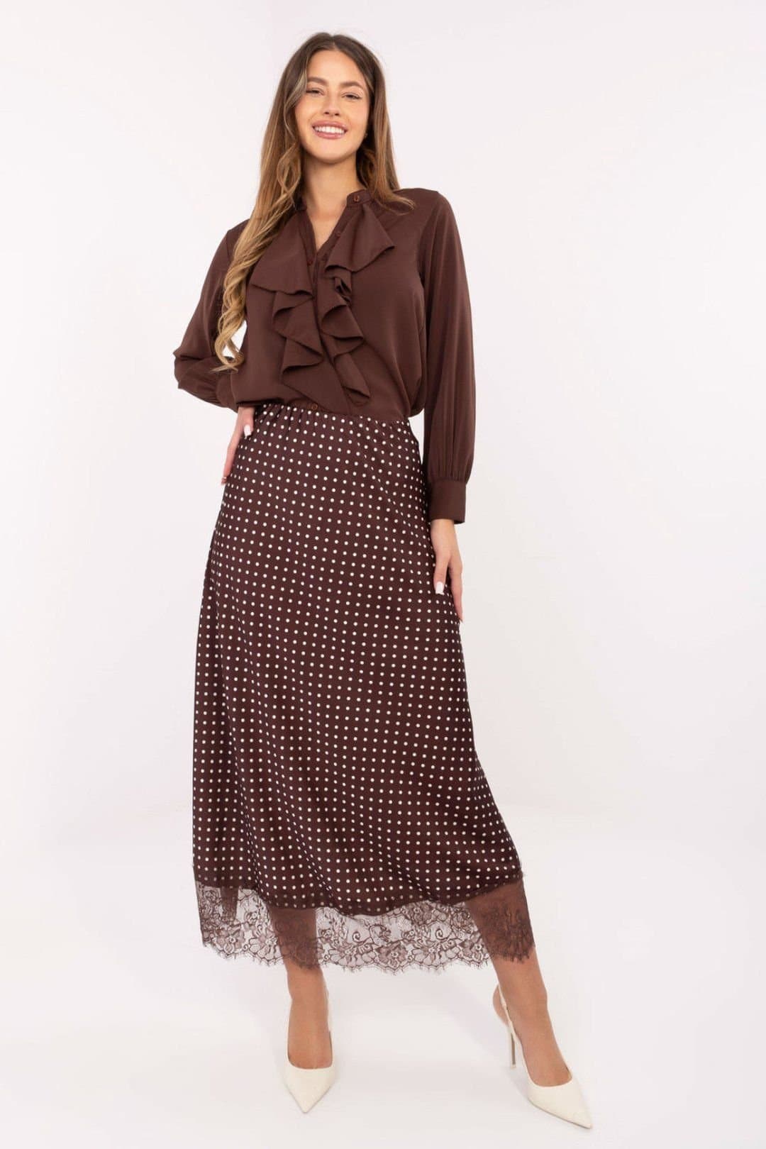 Love Lace Love Lace Women's Polka Dot Lace Hem Midi Skirt with Elastic Waist in Brown