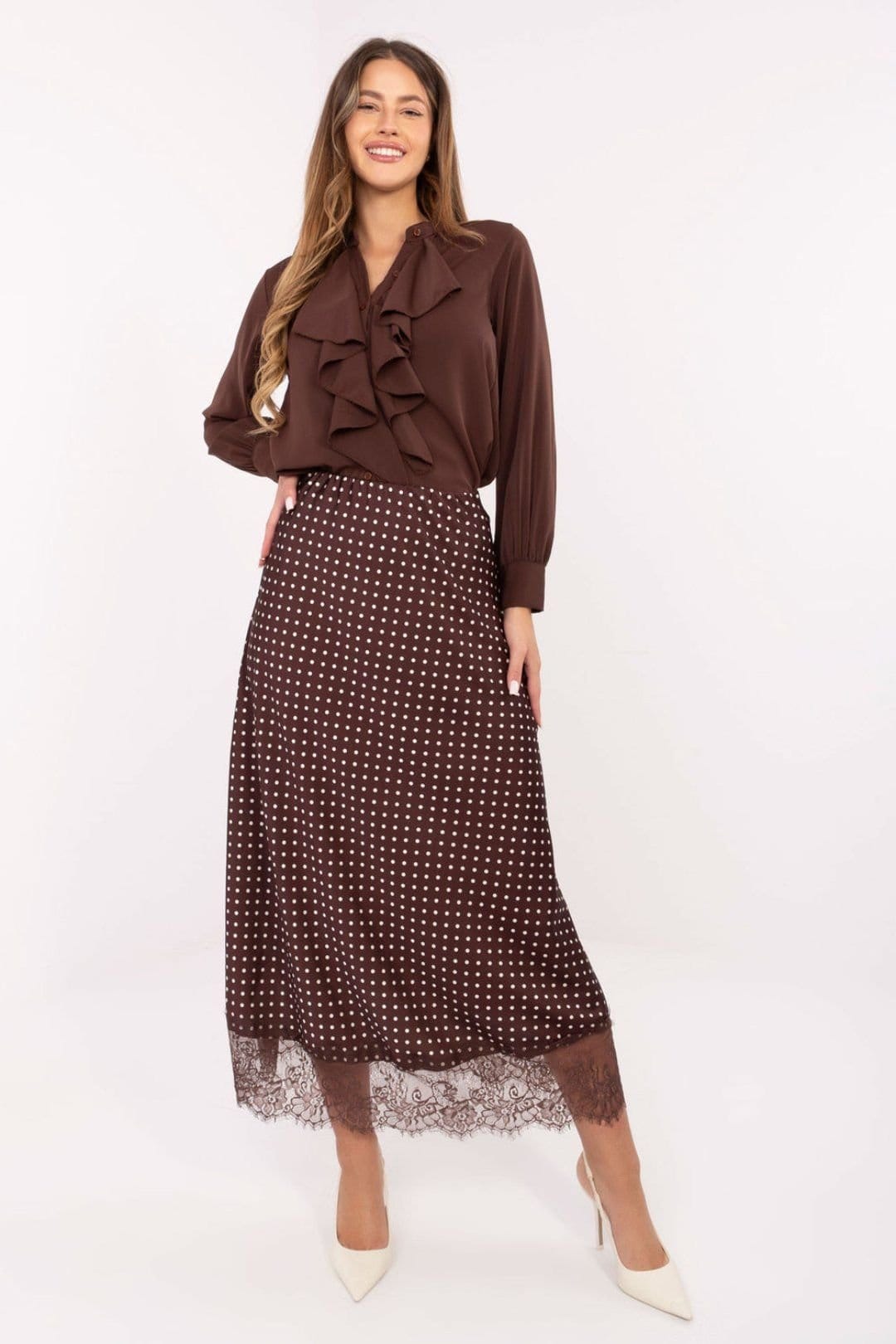 Love Lace Brown Polka Dot Lace Hem Midi Skirt