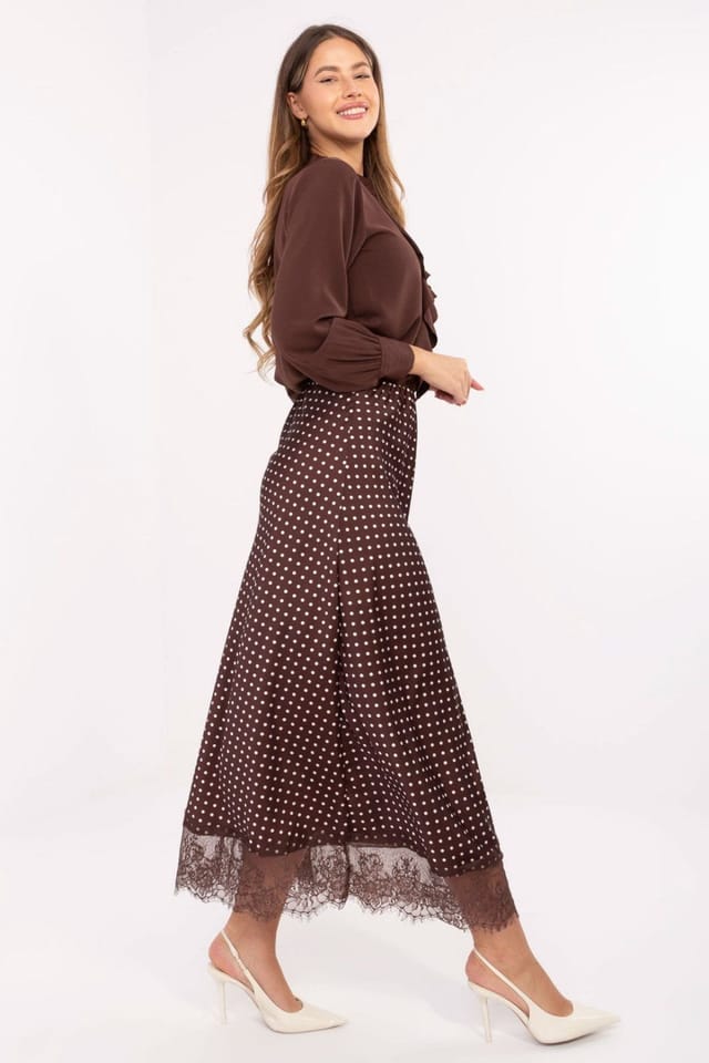 Love Lace Love Lace Women's Polka Dot Lace Hem Midi Skirt with Elastic Waist in Brown - 2