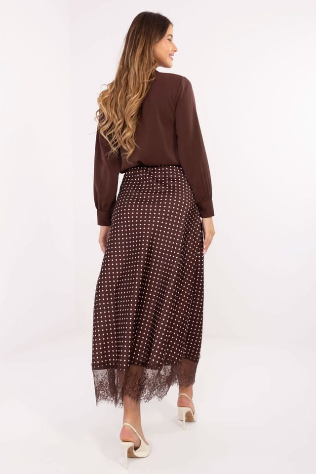 Love Lace Love Lace Women's Polka Dot Lace Hem Midi Skirt with Elastic Waist in Brown - 3