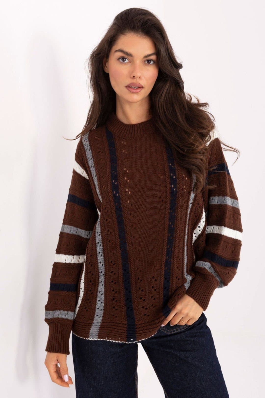 Love Lace Love Lace Women's Oversized Acrylic Openwork Stripe Sweater in Brown