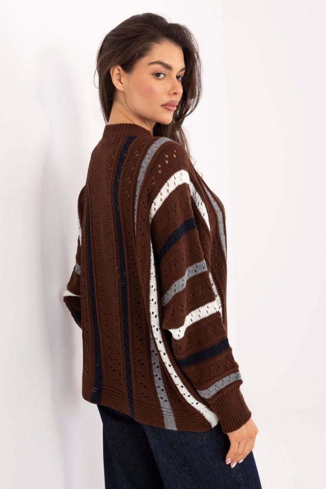 Love Lace Love Lace Women's Oversized Acrylic Openwork Stripe Sweater in Brown - 3