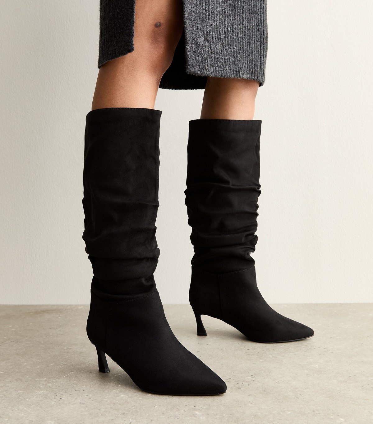 New Look Women's Wide Fit Black Faux Suede Ruched Knee High Boots Vegan New Look - 2