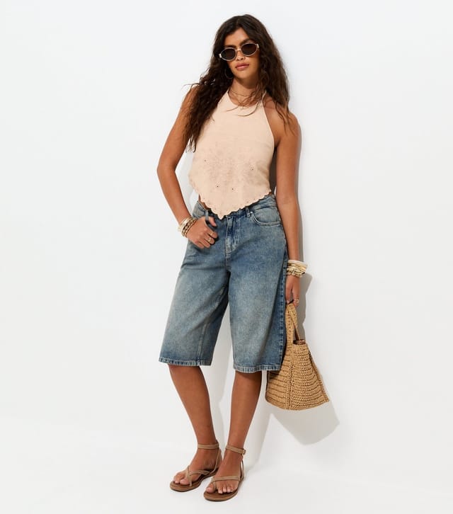 New Look Women's Light Brown Cotton Rich Embroidered Handkerchief Hem Halter Top New Look - 3