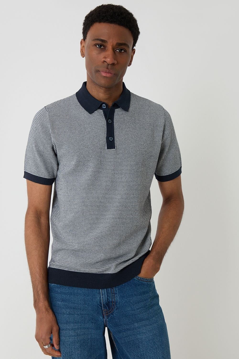 Threadbare Threadbare Men's Fairisle Knitted Short Sleeve Polo in Navy