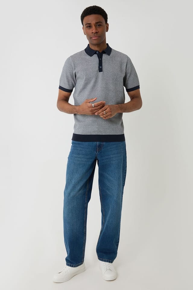 Threadbare Threadbare Men's Fairisle Knitted Short Sleeve Polo in Navy - 3