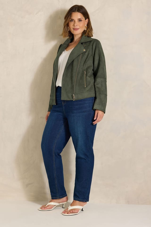 Evans Evans Women's Suedette Biker Jacket in Dark Green - 3
