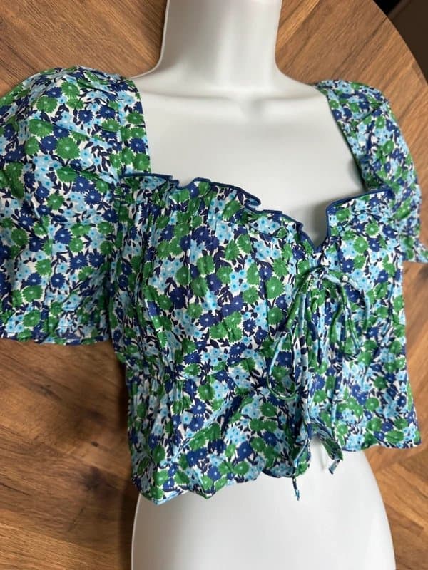 Zara Zara Blue & Green Floral Milkmaid Crop Top - NWT Size S