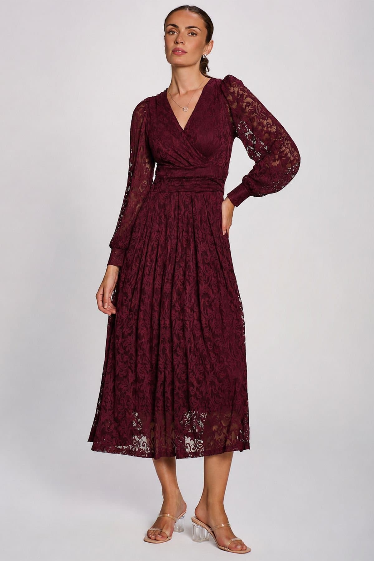 Jolie Moi Jolie Moi Women's Long Sleeve Printed Lace Maxi Dress in Burgundy