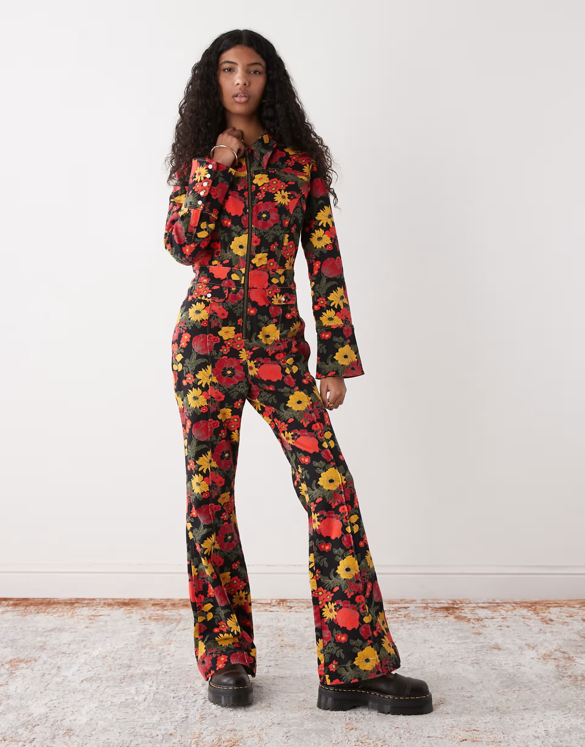 ASOS Wrangler retro denim jumpsuit in red and yellow floral print