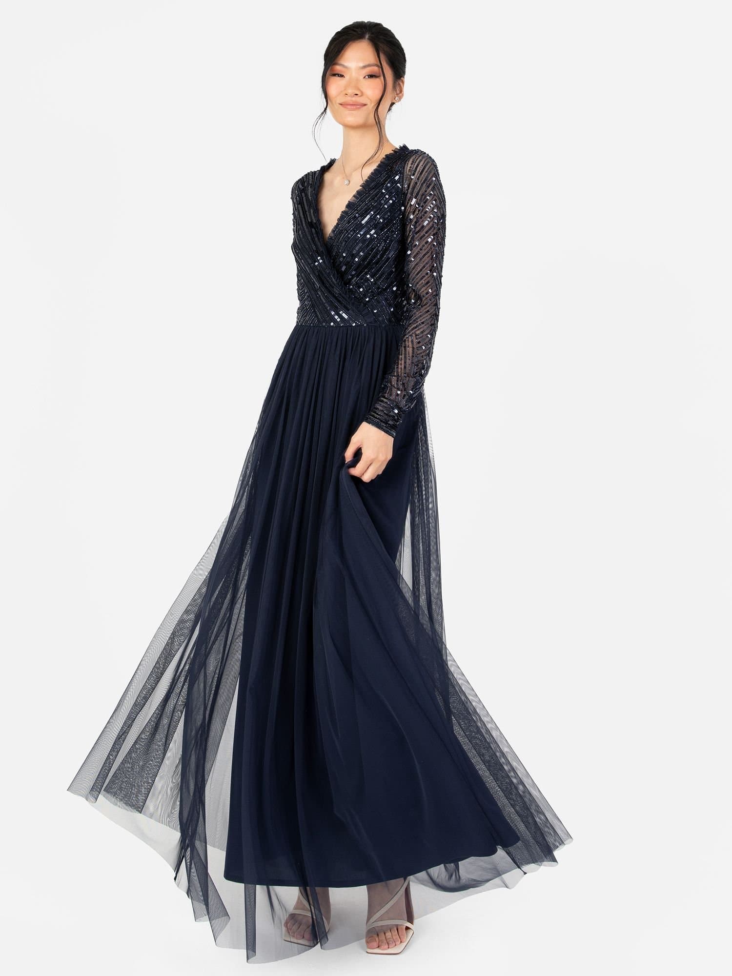 Maya Deluxe Maya Deluxe Women's Stripe Embellished Faux Wrap Bodice Maxi Dress in Dark Navy