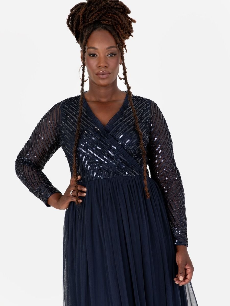 Maya Deluxe Maya Deluxe Women's Stripe Embellished Faux Wrap Bodice Maxi Dress in Dark Navy - 2
