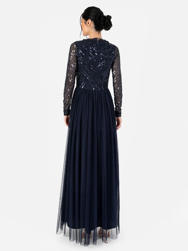 Maya Deluxe Maya Deluxe Women's Stripe Embellished Faux Wrap Bodice Maxi Dress in Dark Navy - 3