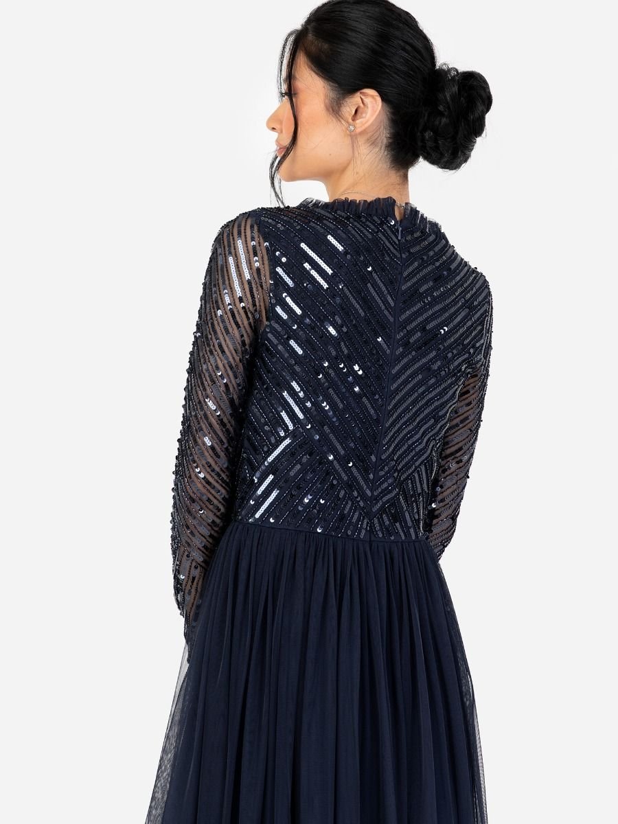 Maya Deluxe Maya Deluxe Women's Stripe Embellished Faux Wrap Bodice Maxi Dress in Dark Navy - 4