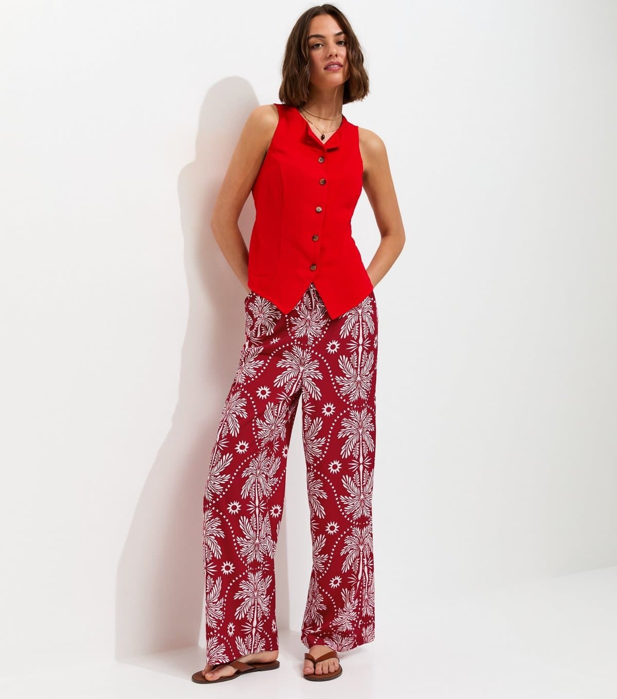 New Look Women's Red Palm Tree Print Wide Leg Trousers New Look