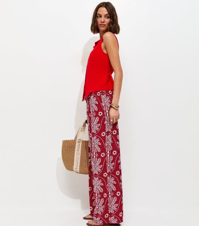 New Look Women's Red Palm Tree Print Wide Leg Trousers New Look - 3