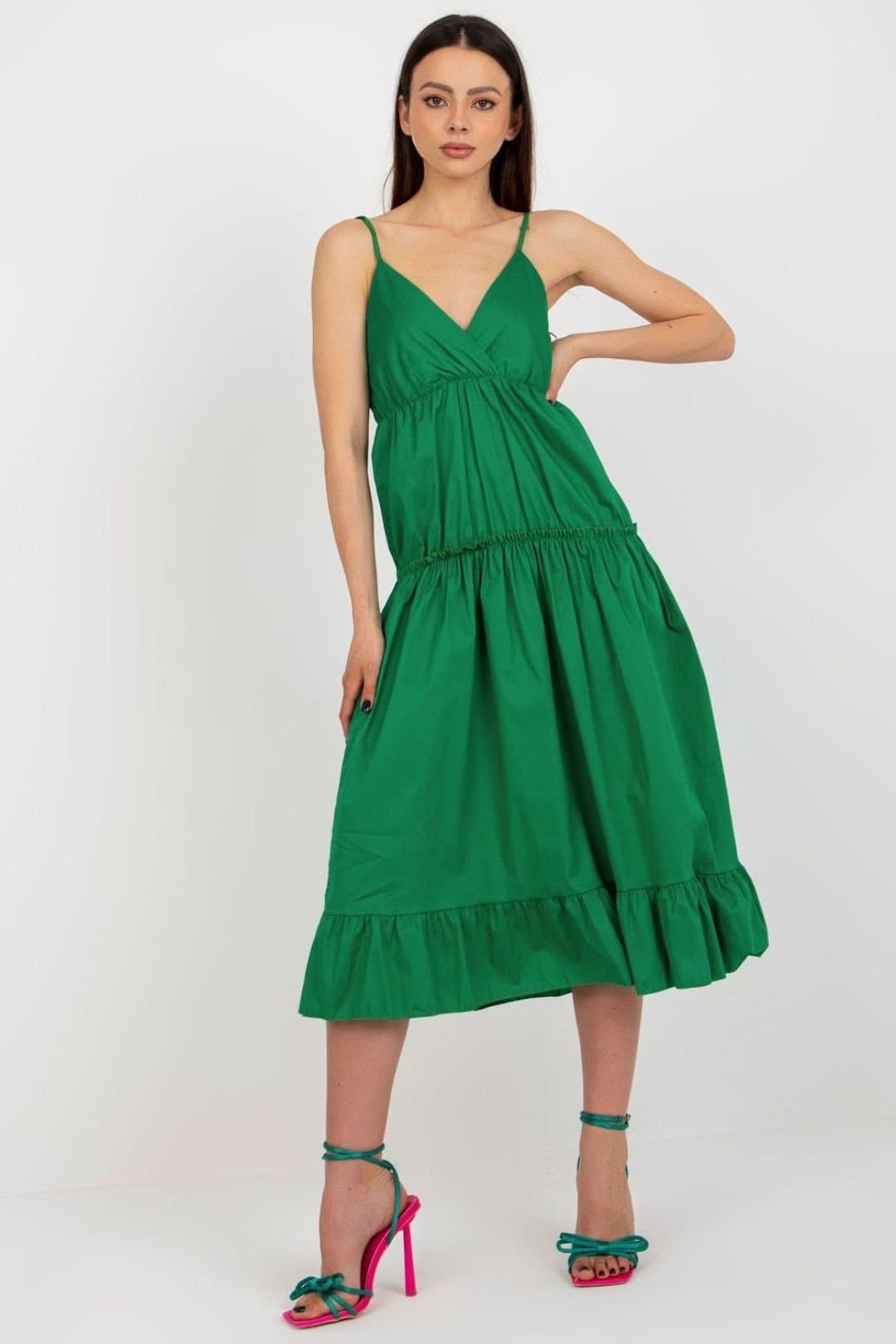 Love Lace Love Lace Women's Lined Summer Wrap Neck Ruffle Hem Dress in Green